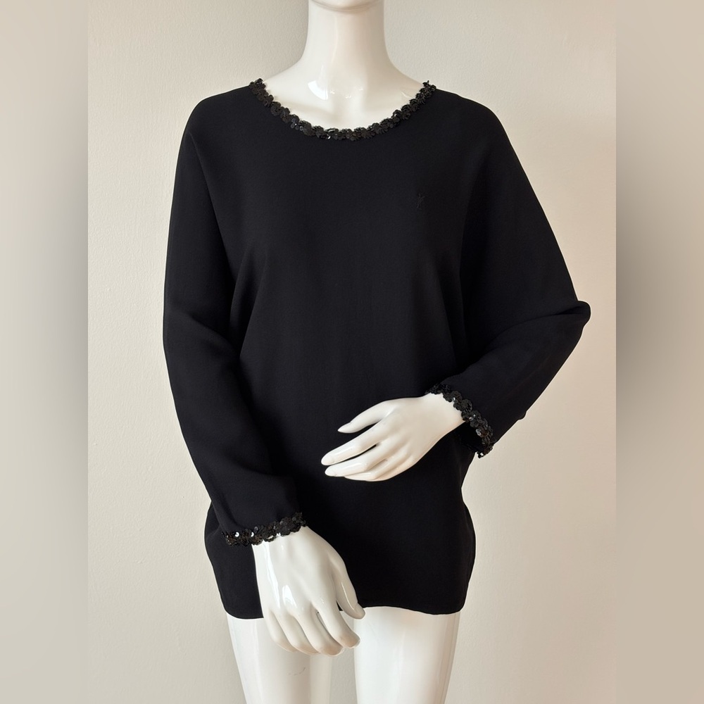 Yves Saint Laurent Black Batwing Top | Sequin Trim Draped Blouse Made in France - Picture 4 of 11